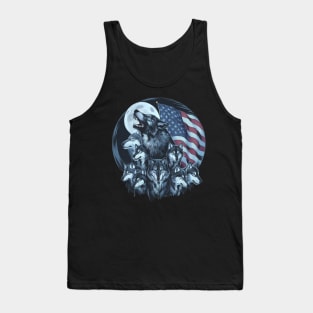 Wolves Under Moon Howling Wolf 4th of July American Flag Tank Top